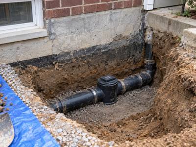 Small dig at a basement wall exposing a backwater valve