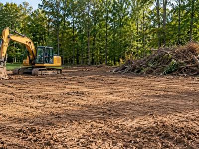 Cleared lot with a brush pile and an excavator at the edge