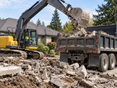 Broken concrete slab being loaded into a dump truck