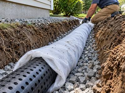 Perforated drain pipe wrapped in a filter sock in a stone trench