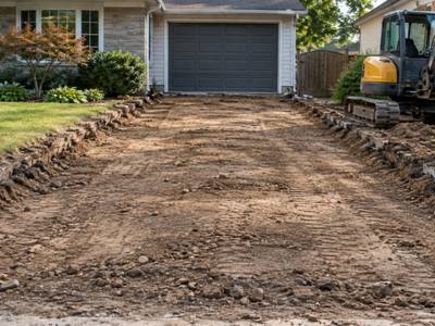 Old driveway dug out down to the soil in front of a garage