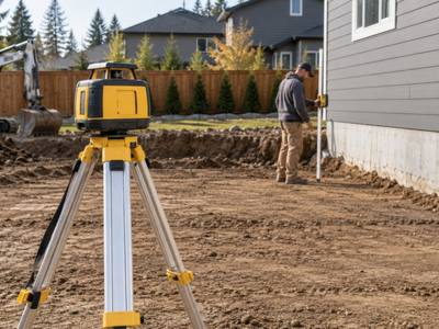 Laser level on a tripod over freshly graded soil beside a house