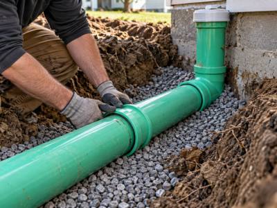 New sewer pipe laid on clear stone bedding beside a basement wall