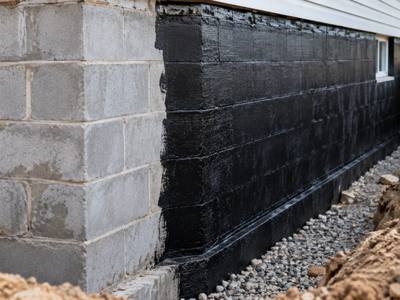 Black waterproofing membrane on an exposed block foundation wall