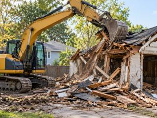 Excavator tearing down an old wooden detached garage