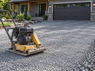 Plate compactor on a new crushed stone driveway base in front of a garage