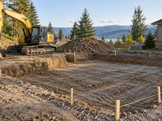 Excavator parked beside a dug area marked out with wooden stakes and string