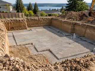 Deep rectangular foundation hole with a gravel base and straight dirt walls