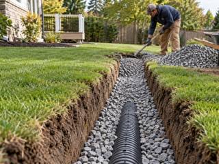 Gravel-filled French drain trench running across a lawn with drain pipe in the stone