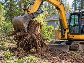 Excavator pulling a large tree stump and its roots out of the ground