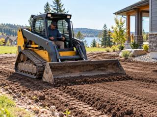 Skid steer levelling bare soil beside a house