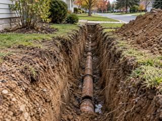 Old clay sewer pipe exposed at the bottom of a trench running toward the street