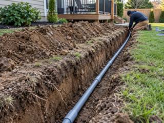 Long narrow trench across a yard with grey conduit laid in the bottom