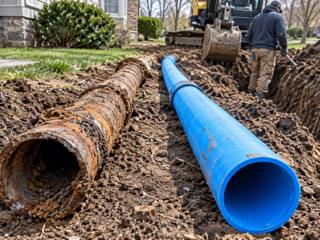 Rusted old water pipe lying beside a new blue water line in a trench
