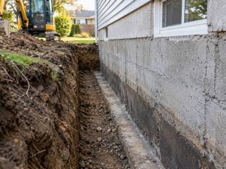 Narrow trench dug down the outside of a house foundation wall to the footing
