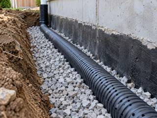 Black perforated weeping tile laid in clear stone along a sealed foundation wall