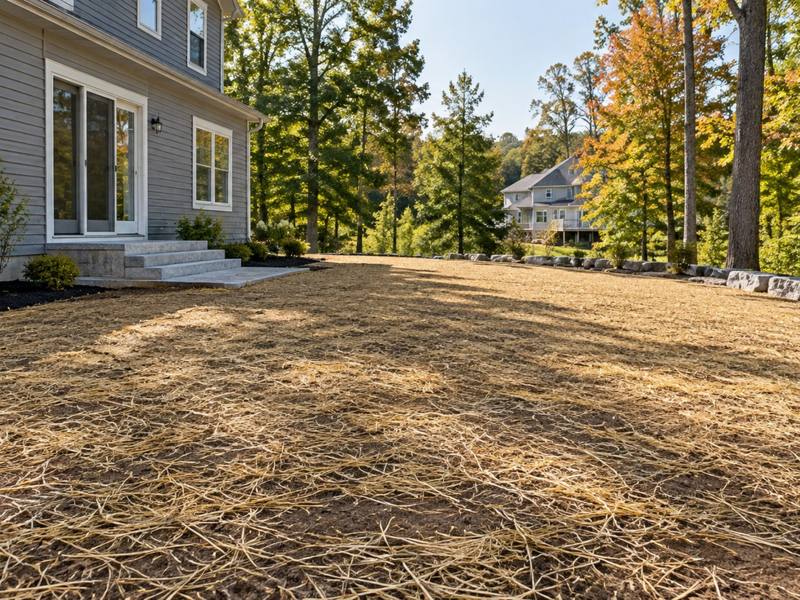 Finished yard behind a house, graded and covered with straw over new seed